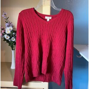 St Johns Bay Womens Cableknit V Neck Sweater L Red Preppy Fisherman Work Holiday
